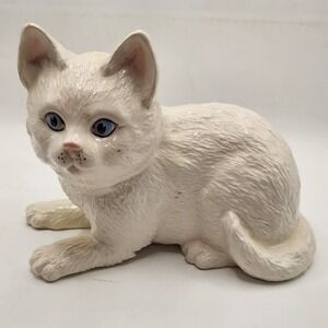 Vintage Hand Painted White Ceramic Kitten Figurine Blue Eyes Reclining Cat 6in